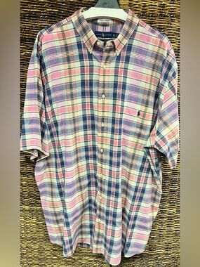 Ralph Lauren Short-Sleeve Plaid Button-Down in Pink and Blue, Size:3XLT